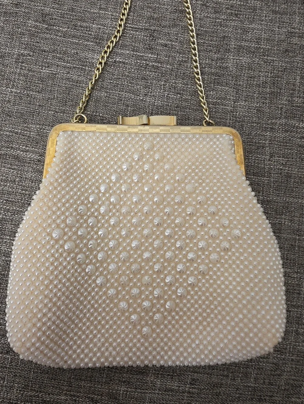 Vintage 1960s Le Jule Ivory Faux Pearl Beaded Evening Clutch